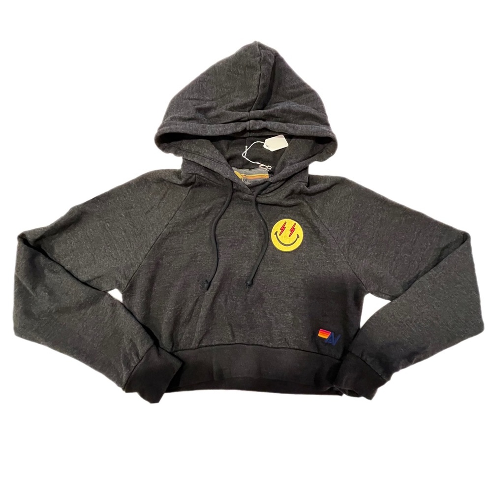 NEW WITH TAGS AVIATOR NATION CROPPED SMILEY HOODIE BLACK SMALL